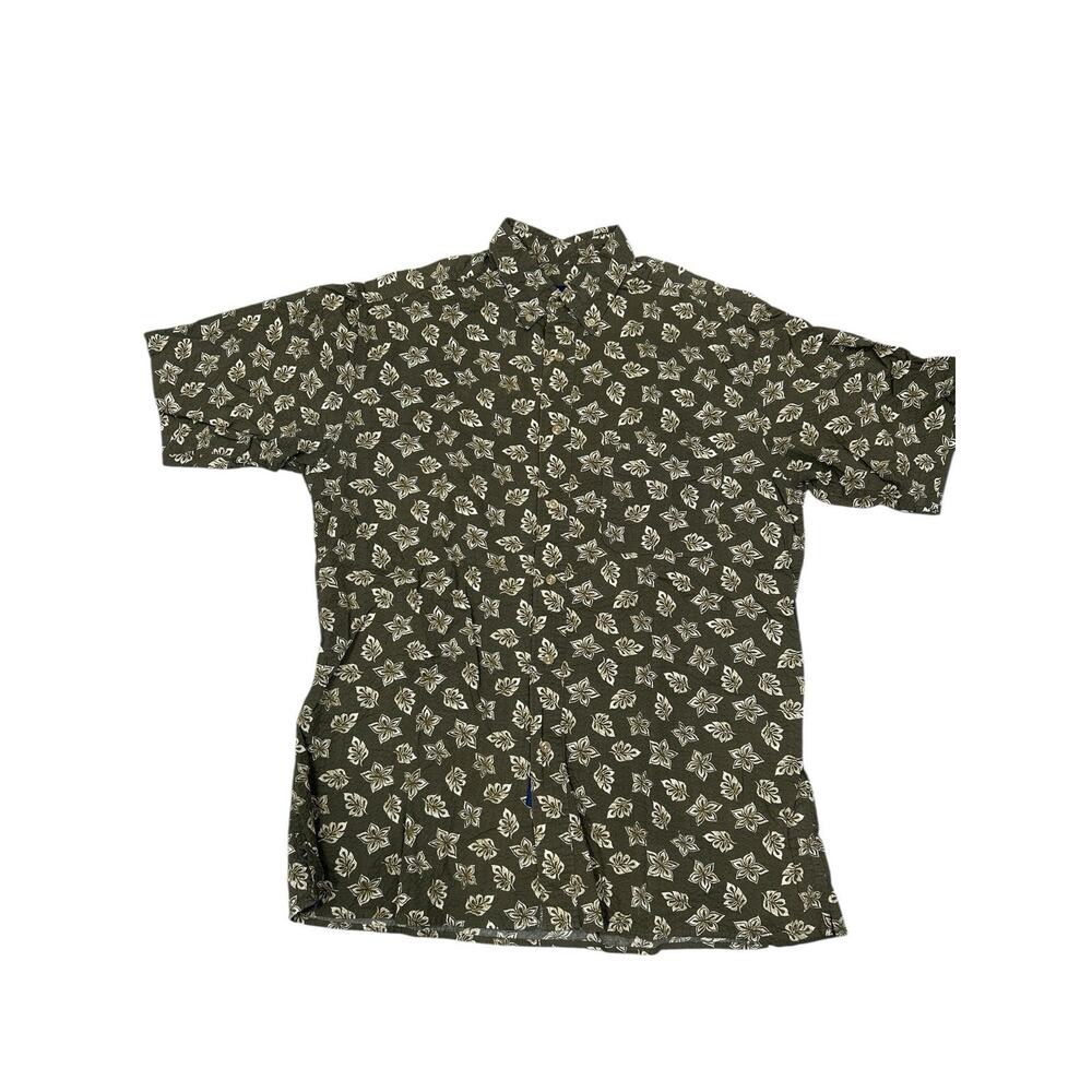Catalina Mens Medium Olive Green Floral Button Down Short Sleeve Shirt Textured